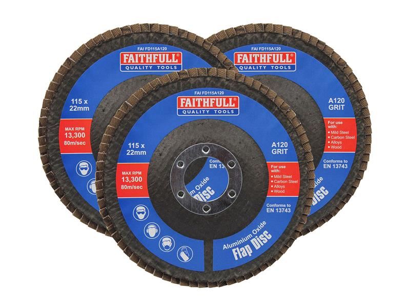 Faithfull Aluminium Oxide Flap Disc 115 x 22mm 120 Grit (3 Pack) Faithfull - RockBottom Northampton