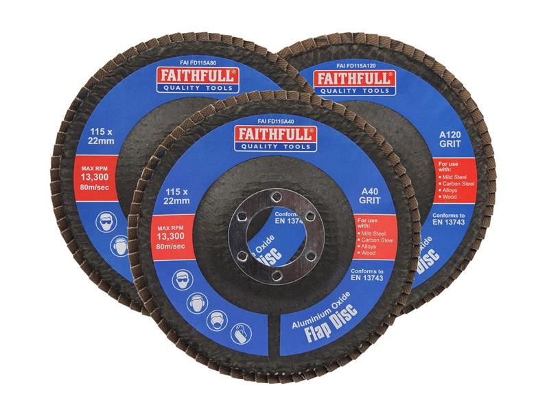 Faithfull Aluminium Oxide Flap Disc 115 x 22mm Mixed Grit (3 Pack) Faithfull - RockBottom Northampton