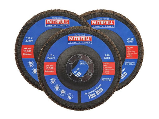 Faithfull Aluminium Oxide Flap Disc 115 x 22mm Mixed Grit (3 Pack) Faithfull - RockBottom Northampton