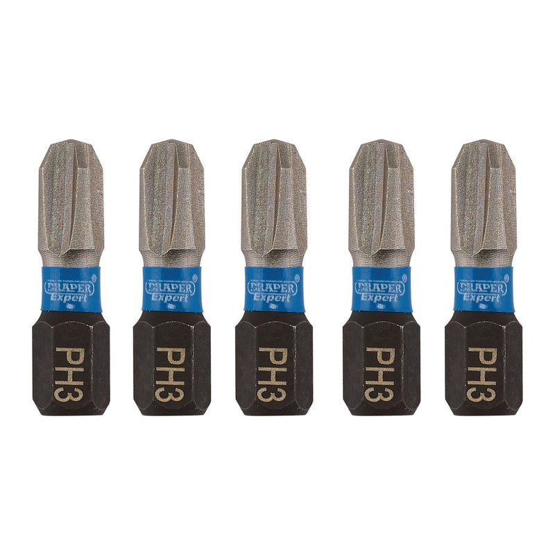 Draper Expert Cross Slot/PH Type Impact Screwdriver Bits, No.3 x 25mm, 1/4" Hex Draper - Town Tools 