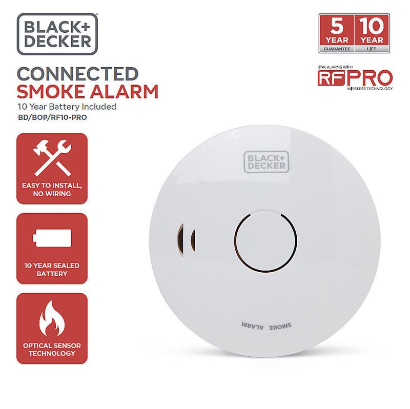 Black + Decker Connected Smoke Alarm. Wirelessly Interlinked. 10 Year Sealed Lithium Battery Included. Optical Sensor.