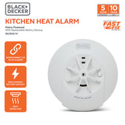 Black + Decker Mains Powered Interlinked Kitchen Heat Alarm. Battery Back Up Included. FAST FIX Base Included.
