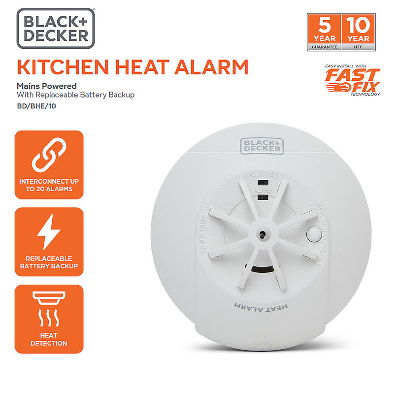 Black + Decker Mains Powered Interlinked Kitchen Heat Alarm. Battery Back Up Included. FAST FIX Base Included.