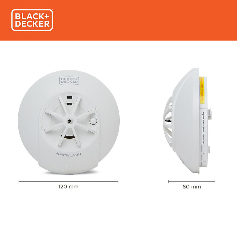 Black + Decker Mains Powered Interlinked Kitchen Heat Alarm. Battery Back Up Included. FAST FIX Base Included.