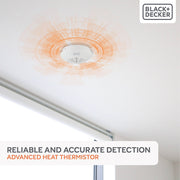 Black + Decker Mains Powered Interlinked Kitchen Heat Alarm. Battery Back Up Included. FAST FIX Base Included.