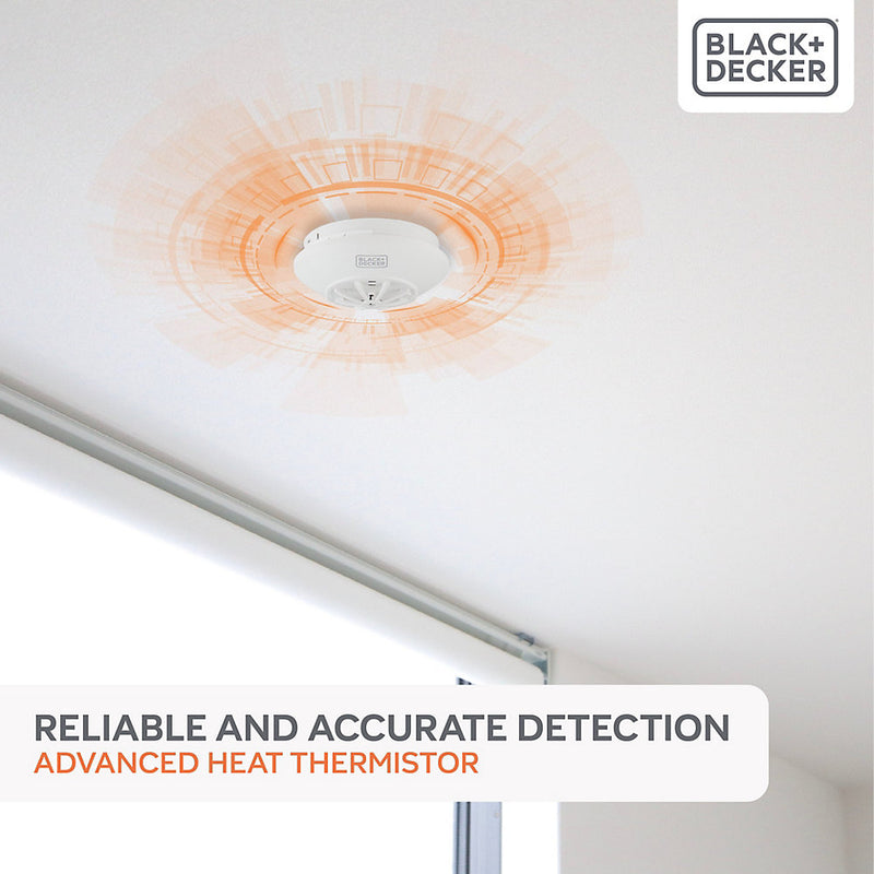 Black + Decker Mains Powered Interlinked Kitchen Heat Alarm. Battery Back Up Included. FAST FIX Base Included.
