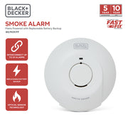 Black + Decker Mains Powered Interlinked Smoke Alarm. Battery Back Up Included. FAST FIX Base Included.