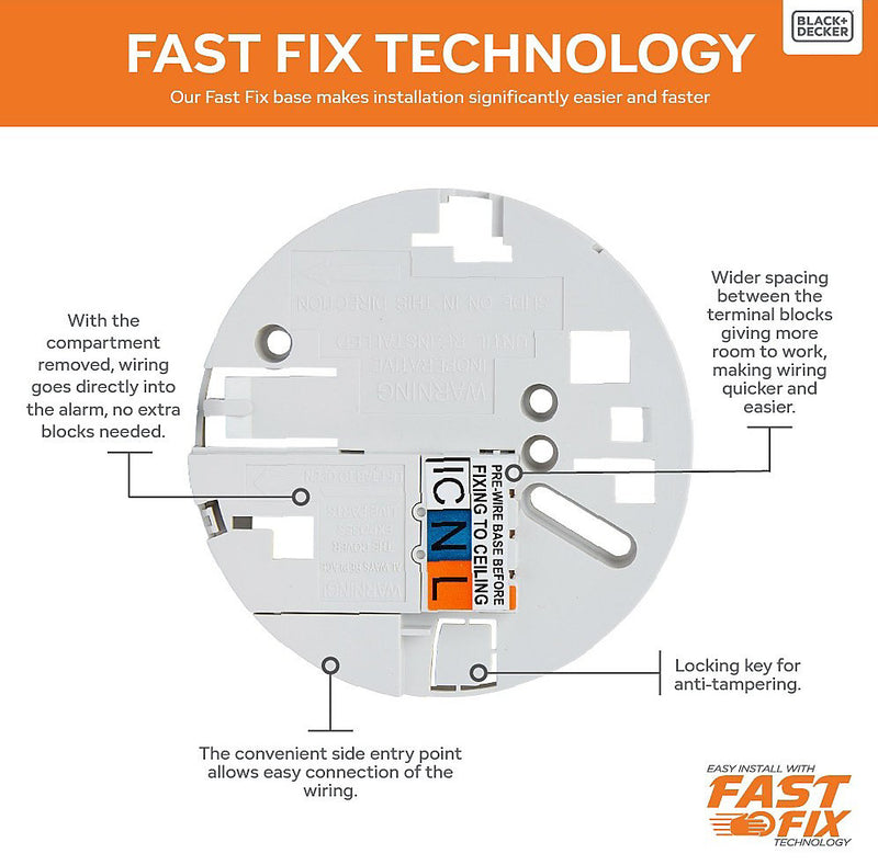 Black + Decker Mains Powered Interlinked Smoke Alarm. Battery Back Up Included. FAST FIX Base Included.