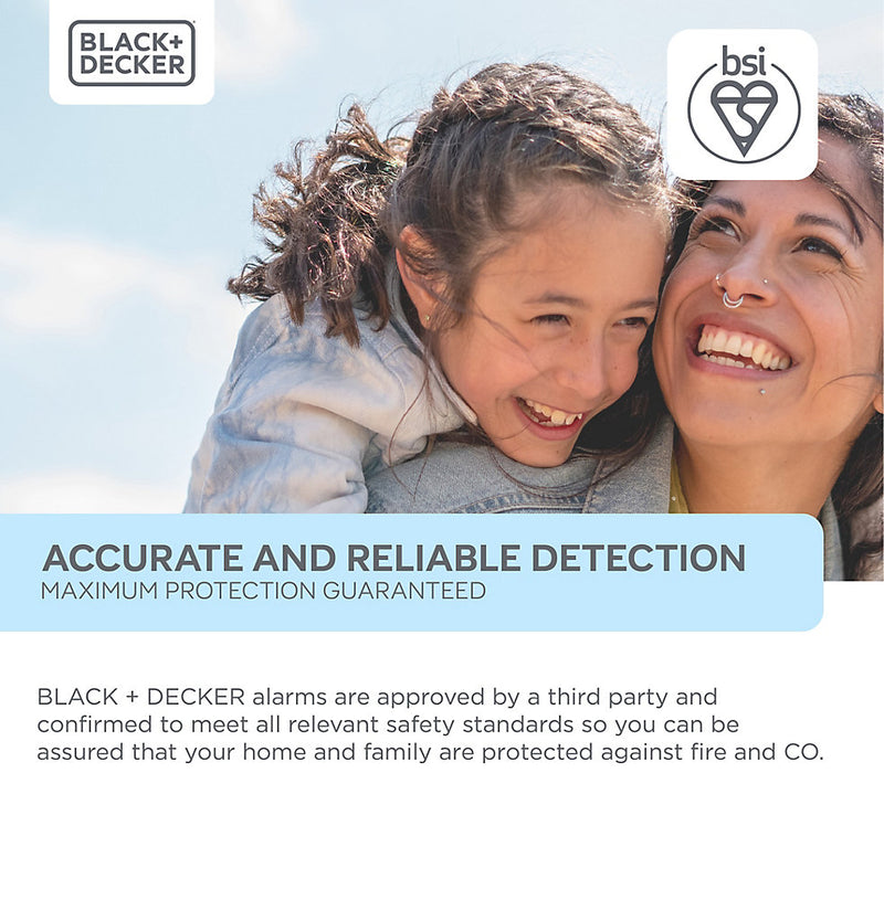 Black + Decker Mains Powered Interlinked Smoke Alarm. Battery Back Up Included. FAST FIX Base Included.