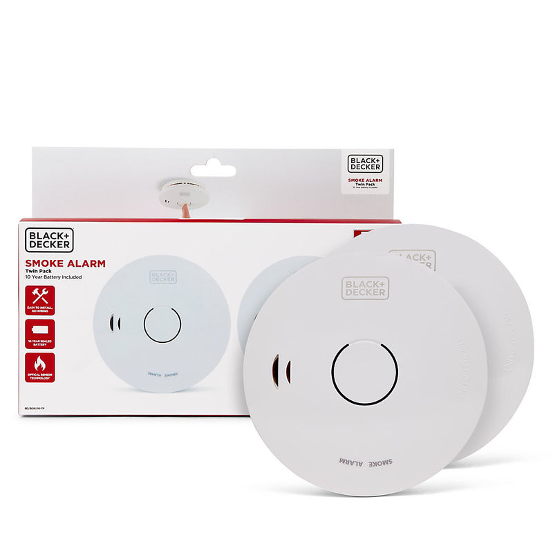 Black + Decker Smoke Alarm 2 Pack. 10 Year Sealed Lithium Battery Life. Optical Sensor.