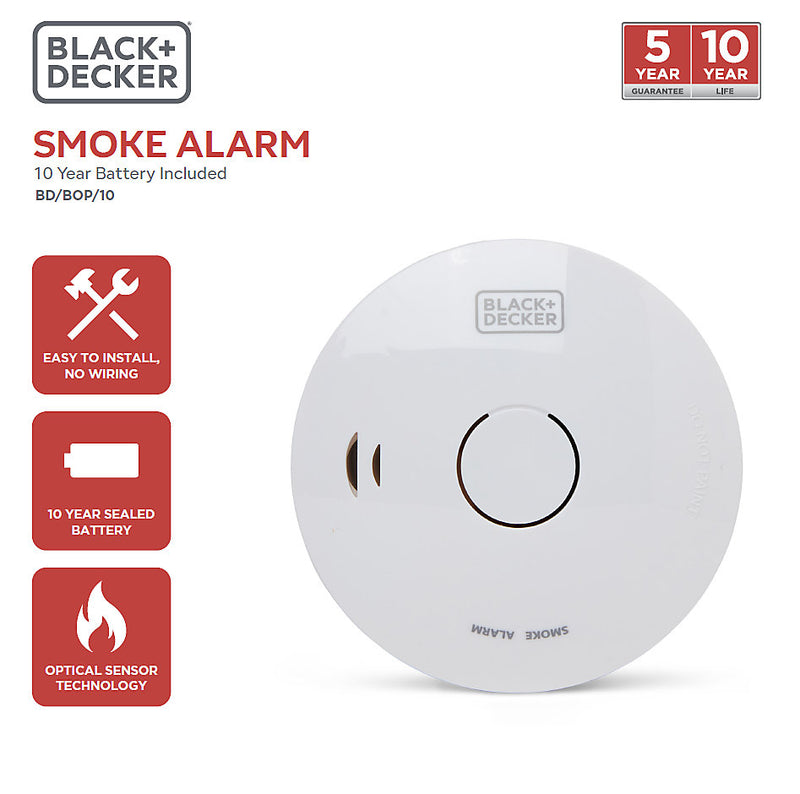 Black + Decker Smoke Alarm 2 Pack. 10 Year Sealed Lithium Battery Life. Optical Sensor.