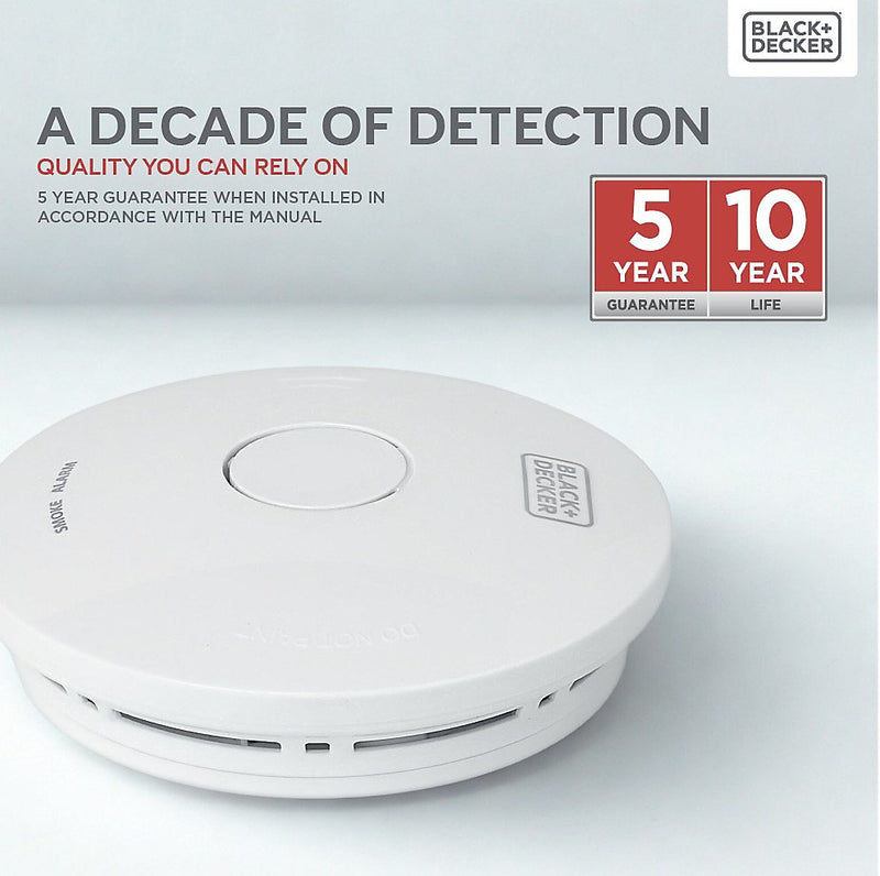 Black + Decker Smoke Alarm 2 Pack. 10 Year Sealed Lithium Battery Life. Optical Sensor.