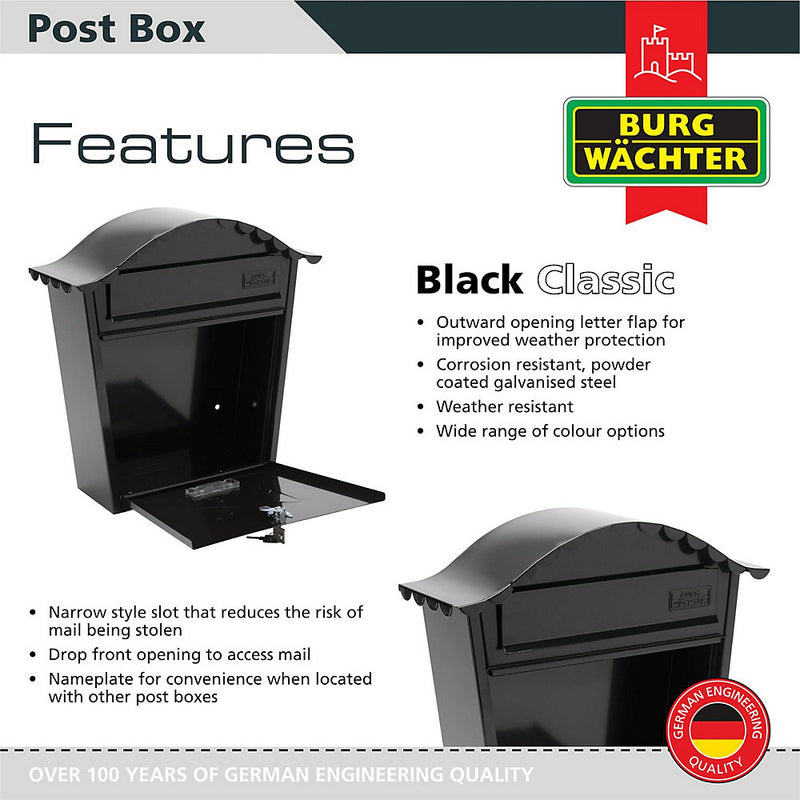 Burg-Wachter Black Classic Wall Mounted Post Box - 36x37x13cm - MB01BK
