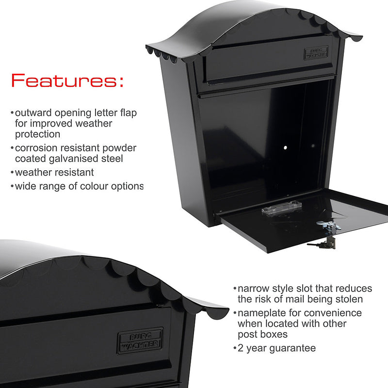 Burg-Wachter Black Classic Wall Mounted Post Box - 36x37x13cm - MB01BK