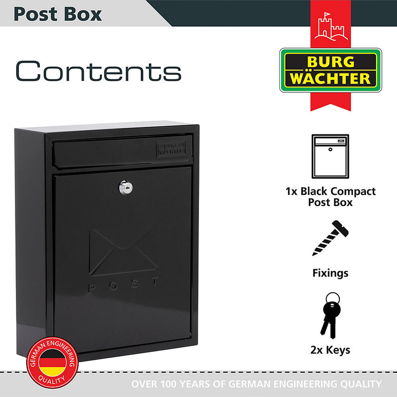 Burg-Wachter Black Compact Wall Mounted Galvanised Steel Postbox 26x33x9cm