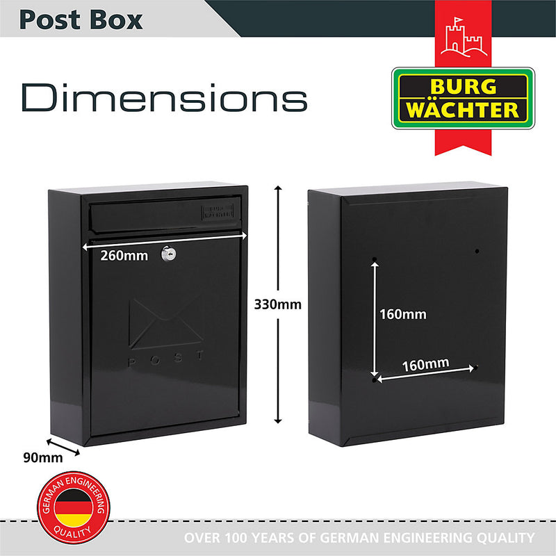 Burg-Wachter Black Compact Wall Mounted Galvanised Steel Postbox 26x33x9cm