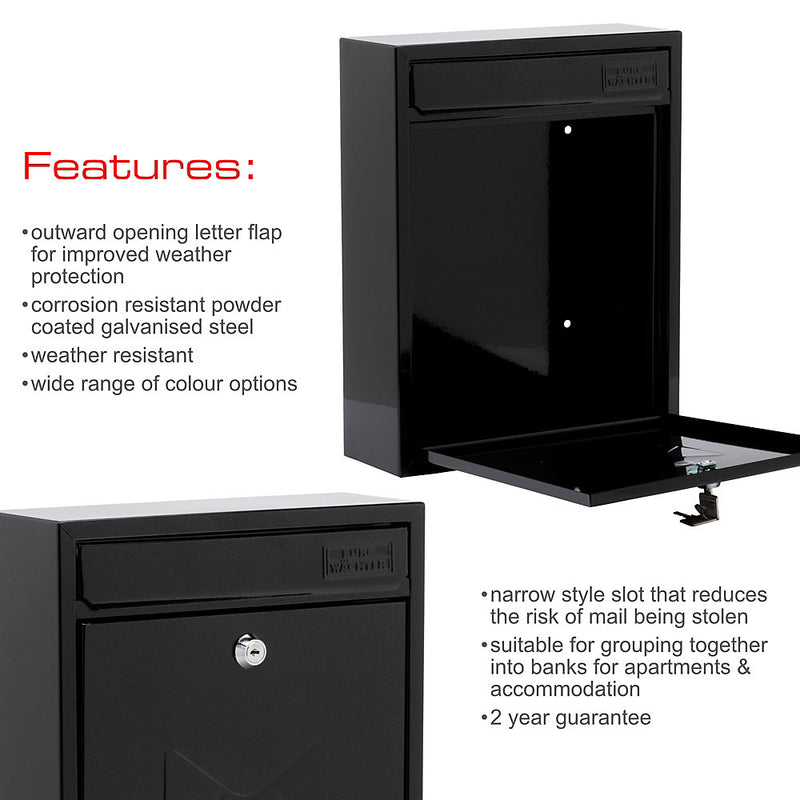 Burg-Wachter Black Compact Wall Mounted Galvanised Steel Postbox 26x33x9cm