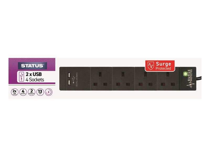 STATUS® Extension Lead 4 Way + USB + Surge Protection 2m S4W2MACUSB1PK6