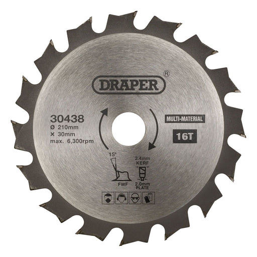 Draper TCT Multi-Purpose Circular Saw Blade, 210 x 30mm, 16T 30438 Draper - Town Tools 