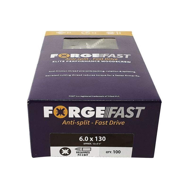 Forgefix ForgeFast Pozi Compatible Elite Performance Wood Screw ZY 6.0 x 130mm Box 100 ForgeFix - RockBottom Northampton