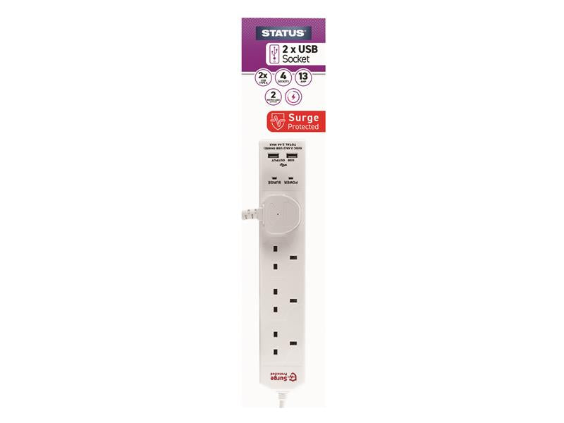 STATUS® Extension Lead 240V 4-Gang + 2 USB 13A 2m White