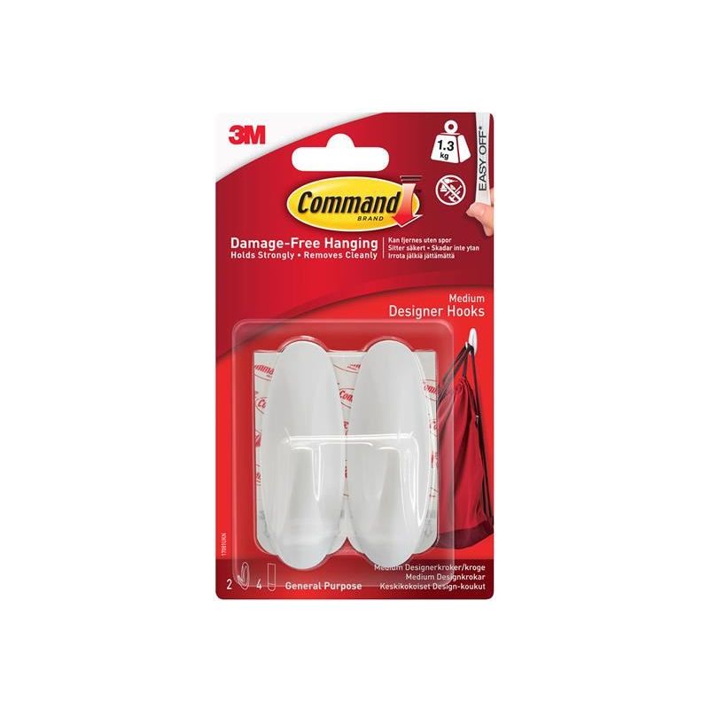 Command™ Medium White Designer Hooks (Pack 2) Command™ - RockBottom Northampton
