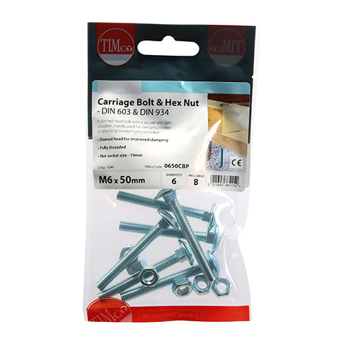 TIMCO Carriage Bolts DIN603 & Hex Full Nut DIN934 Silver — Trade Pack