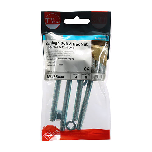 TIMCO Carriage Bolts DIN603 & Hex Full Nut DIN934 Silver — Trade Pack