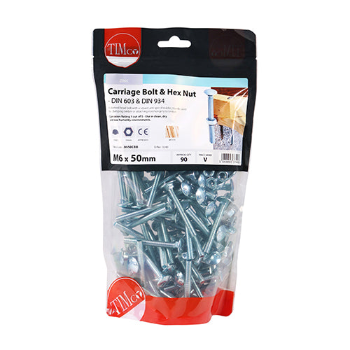 TIMCO Carriage Bolts DIN603 & Hex Full Nut DIN934 Silver — Bag
