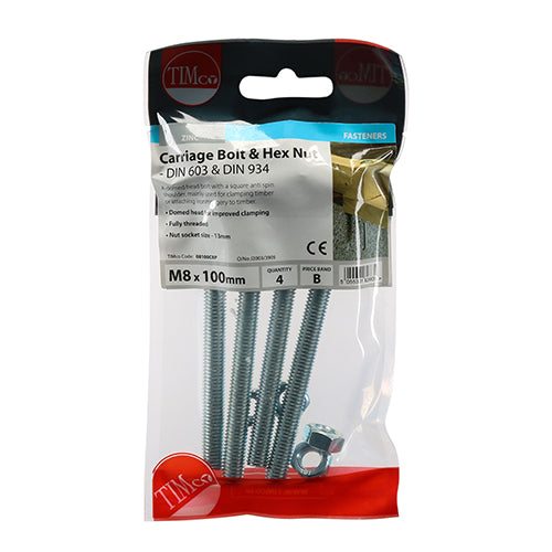 TIMCO Carriage Bolts DIN603 & Hex Full Nut DIN934 Silver — Trade Pack