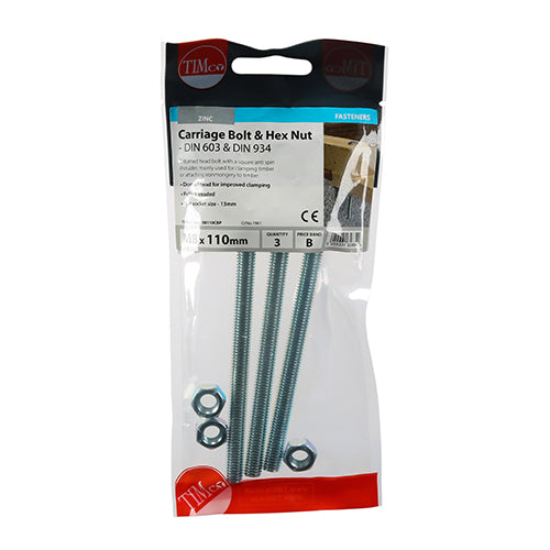 TIMCO Carriage Bolts DIN603 & Hex Full Nut DIN934 Silver — Trade Pack