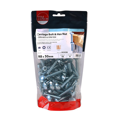 TIMCO Carriage Bolts DIN603 & Hex Full Nut DIN934 Silver — Bag