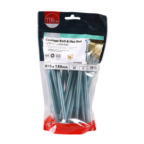 TIMCO Carriage Bolts DIN603 & Hex Full Nuts DIN934 Silver - M10 x 100 (Part 1)