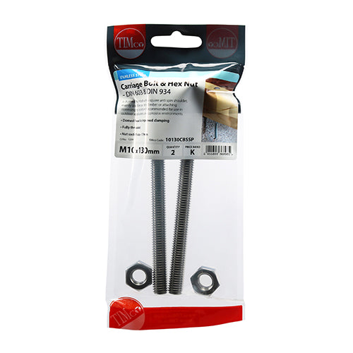 TIMCO Carriage Bolts DIN603 & Hex Full Nut DIN934 A2 Stainless Steel