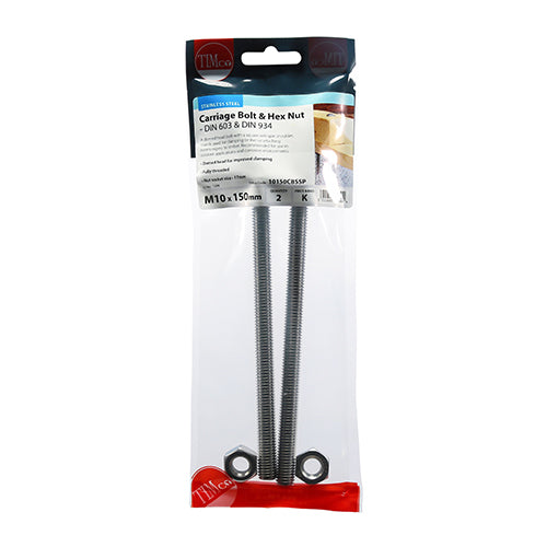 TIMCO Carriage Bolts DIN603 & Hex Full Nut DIN934 A2 Stainless Steel