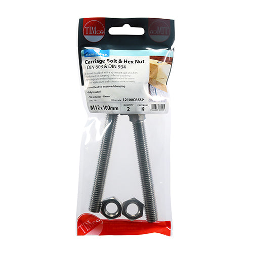 TIMCO Carriage Bolts DIN603 & Hex Full Nut DIN934 A2 Stainless Steel