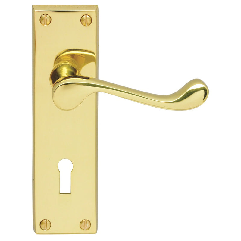 Victorian Scroll Lever On Face-Fix Backplate - Lock 57Mm C/C - Retail Pack - Polished Brass