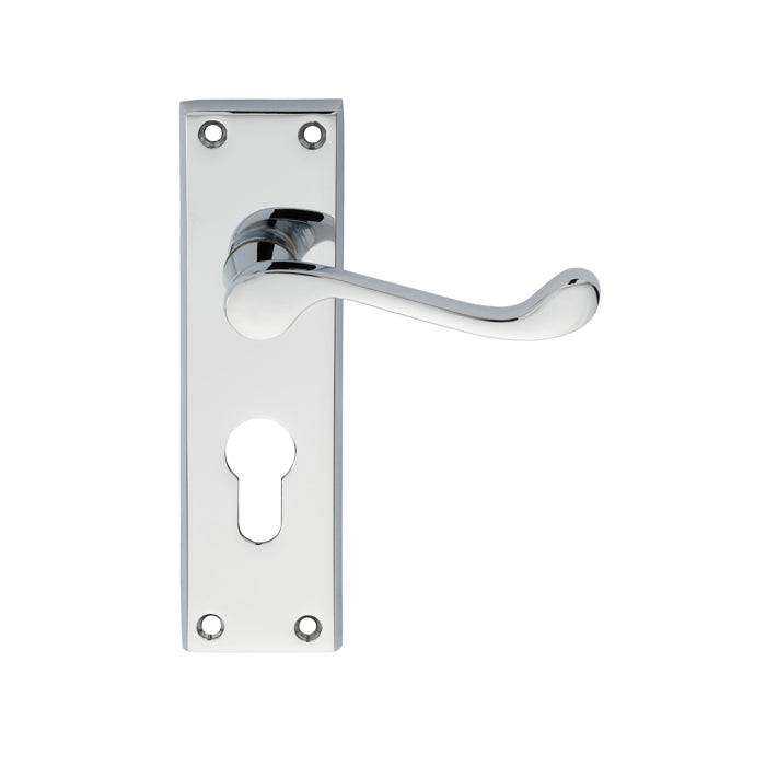 Victorian Scroll Lever On Backplate - Lock Euro Profile 47.5Mm C/C (Contract Range) - Polished Chrome 155MM X 40MM
