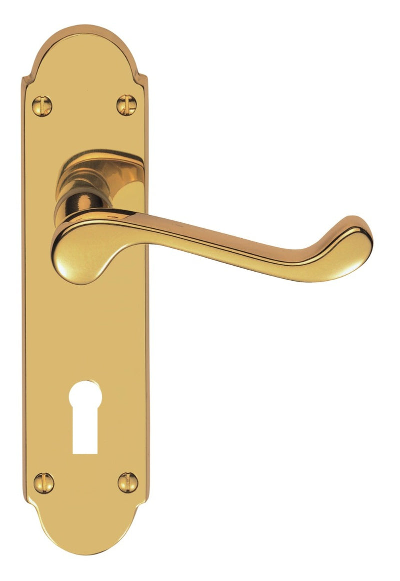 Victorian Scroll Lever On Shaped Backplate - Lock 57Mm C/C (Contract Range) - Polished Brass 203MM X 48MM