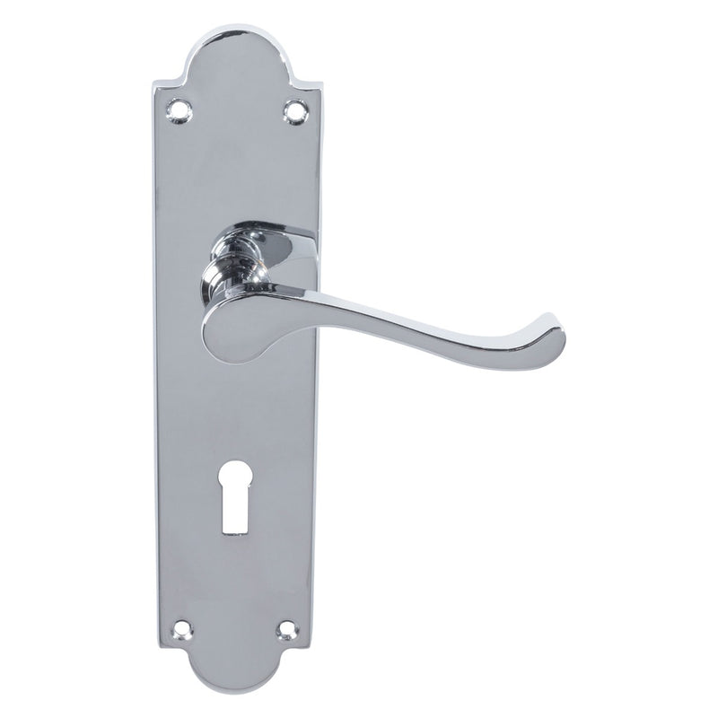 Victorian Scroll Lever On Shaped Backplate - Lock 57Mm C/C (Contract Range) - Polished Chrome 203MM X 48MM