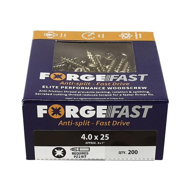 Forgefix ForgeFast Pozi Compatible Elite Performance Wood Screw ZY 4.0 x 25mm Box 200 ForgeFix - RockBottom Northampton