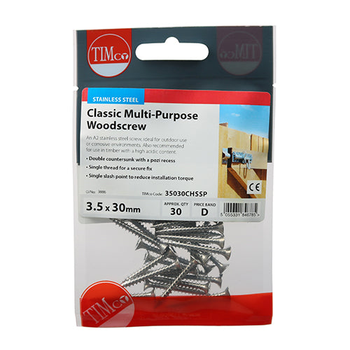 TIMCO Classic Multi-Purpose Countersunk A2 Stainless Steel Woodcrews — Trade Pack