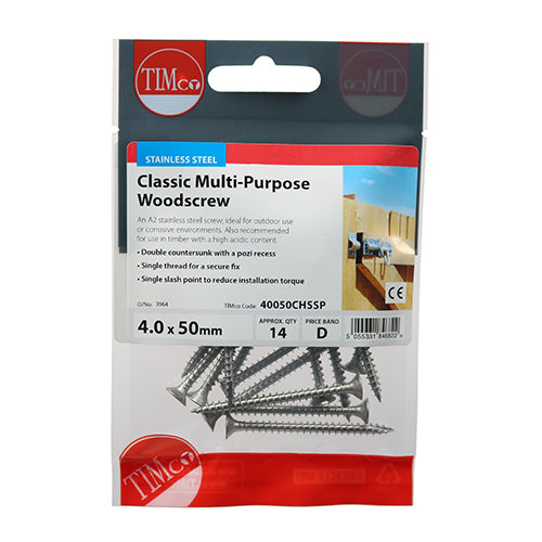TIMCO Classic Multi-Purpose Countersunk A2 Stainless Steel Woodcrews — Trade Pack