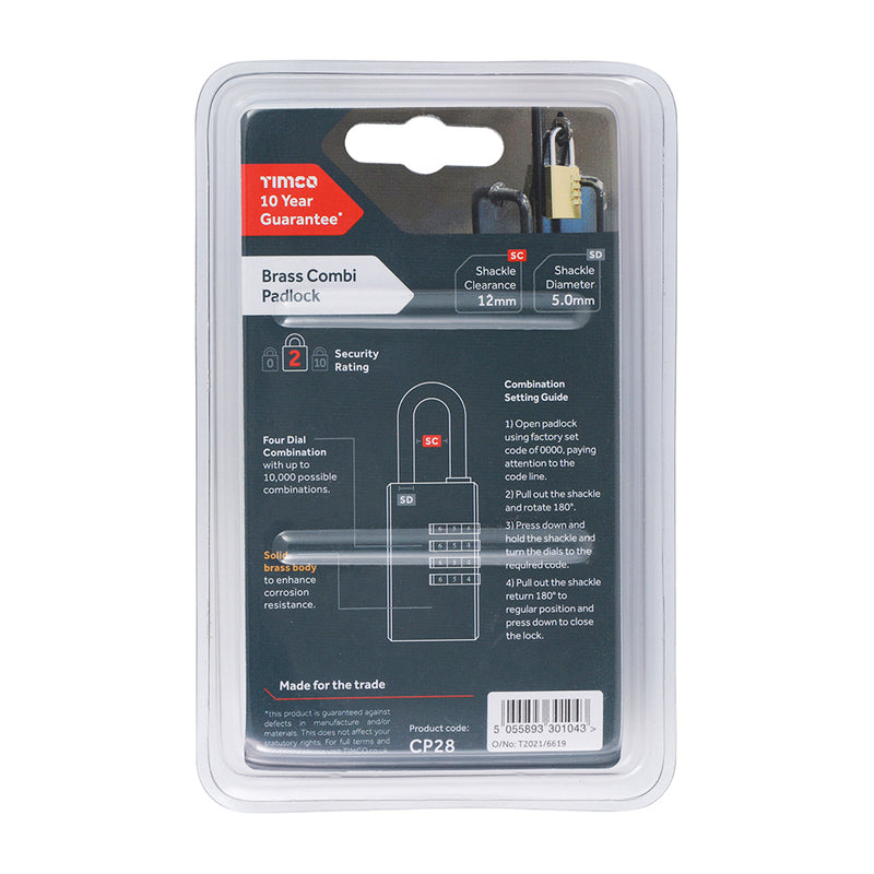TIMCO Brass Combination Padlock - 21mm