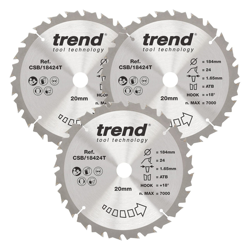 CSB/184/3PK/B - Trend Wood Cordless Circular Saw Blade 184mm x 20mm x 24T, 3 Pack