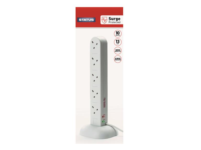 STATUS® Surge Protected Tower Multi Plug Extension 240V 10-Gang 13A White 2m