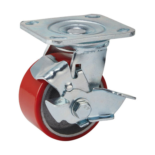 Swivel Plate Fixing Heavy Duty Polyurethane Wheel with Brake, 100mm Diameter, S.W.L. 250kg Draper - Town Tools