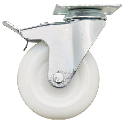 Draper Swivel Plate Fixing Nylon Wheel with Brake, 100mm Diameter, S.W.L. 125kg Draper - Town Tools