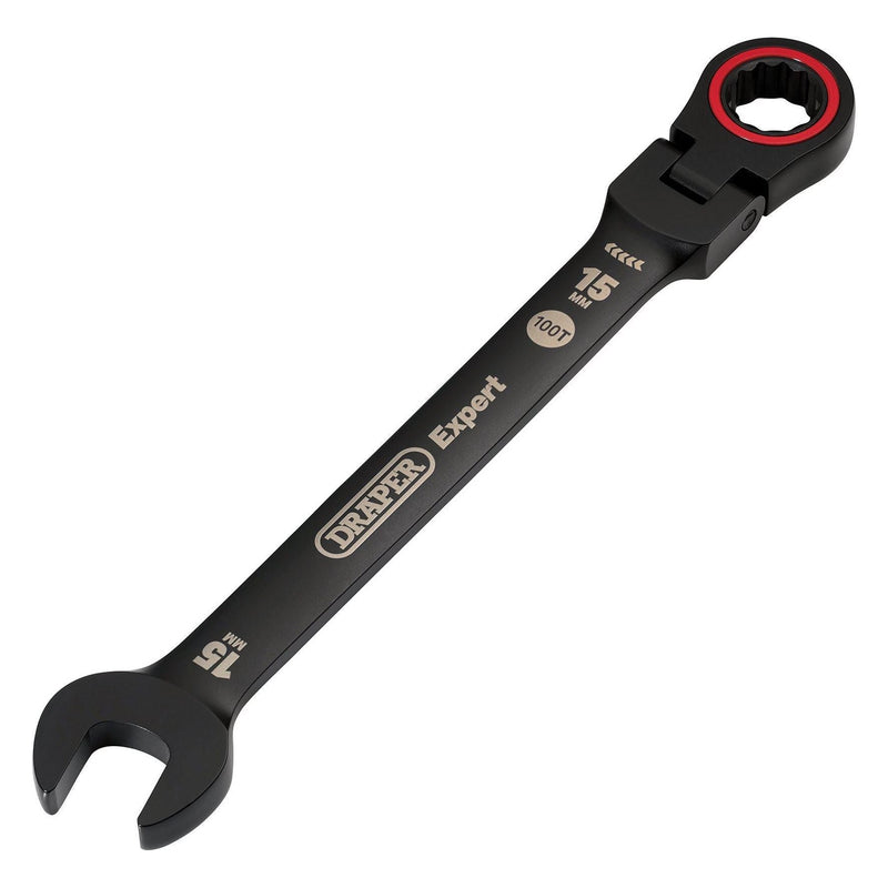 Draper Expert HI-TORQ Metric Flexible Head Ratchet Combination Spanner, 15mm, Black Draper - Town Tools