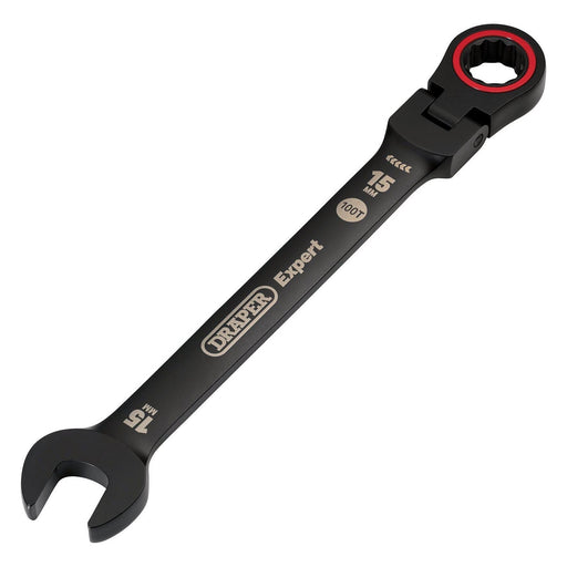 Draper Expert HI-TORQ Metric Flexible Head Ratchet Combination Spanner, 15mm, Black Draper - Town Tools